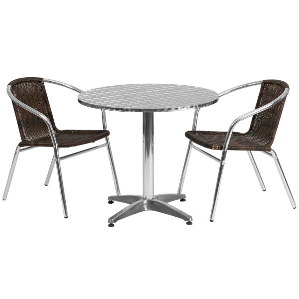 Lila 31.5'' Round Aluminum Indoor-Outdoor Table Set with 2 Dark Brown Rattan Chairs TLH-ALUM-32RD-020CHR2-GG