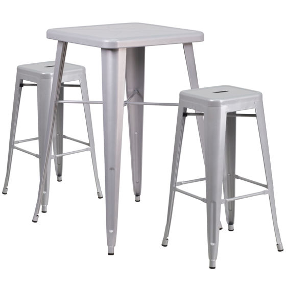 Commercial Grade 23.75" Square Silver Metal Indoor-Outdoor Bar Table Set with 2 Square Seat Backless Stools CH-31330B-2-30SQ-SIL-GG