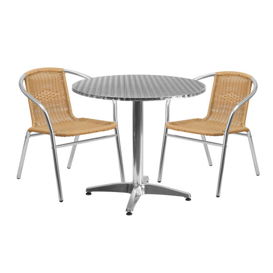 Lila 31.5'' Round Aluminum Indoor-Outdoor Table Set with 2 Beige Rattan Chairs TLH-ALUM-32RD-020BGECHR2-GG