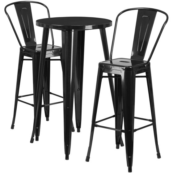 Commercial Grade 24" Round Black Metal Indoor-Outdoor Bar Table Set with 2 Cafe Stools CH-51080BH-2-30CAFE-BK-GG