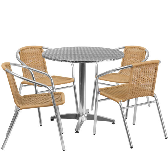 Lila 31.5'' Round Aluminum Indoor-Outdoor Table Set with 4 Beige Rattan Chairs TLH-ALUM-32RD-020BGECHR4-GG