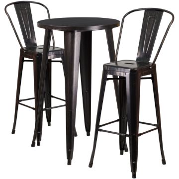 Commercial Grade 24" Round Black-Antique Gold Metal Indoor-Outdoor Bar Table Set with 2 Cafe Stools CH-51080BH-2-30CAFE-BQ-GG Commercial Grade 24" Round Black-Antique Gold Metal Indoor-Outdoor Bar Table Set with 2 Cafe Stools CH-51080BH-2-30CAFE-BQ-GG