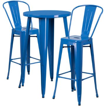 Commercial Grade 24" Round Blue Metal Indoor-Outdoor Bar Table Set with 2 Cafe Stools CH-51080BH-2-30CAFE-BL-GG Commercial Grade 24" Round Blue Metal Indoor-Outdoor Bar Table Set with 2 Cafe Stools CH-51080BH-2-30CAFE-BL-GG