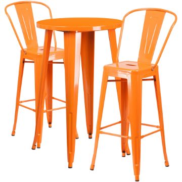 Commercial Grade 24" Round Orange Metal Indoor-Outdoor Bar Table Set with 2 Cafe Stools CH-51080BH-2-30CAFE-OR-GG Commercial Grade 24"  Round Orange Metal Indoor-Outdoor Bar Table Set with 2 Cafe Stools CH-51080BH-2-30CAFE-OR-GG