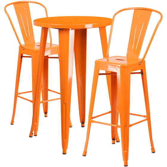 Commercial Grade 24"  Round Orange Metal Indoor-Outdoor Bar Table Set with 2 Cafe Stools CH-51080BH-2-30CAFE-OR-GG