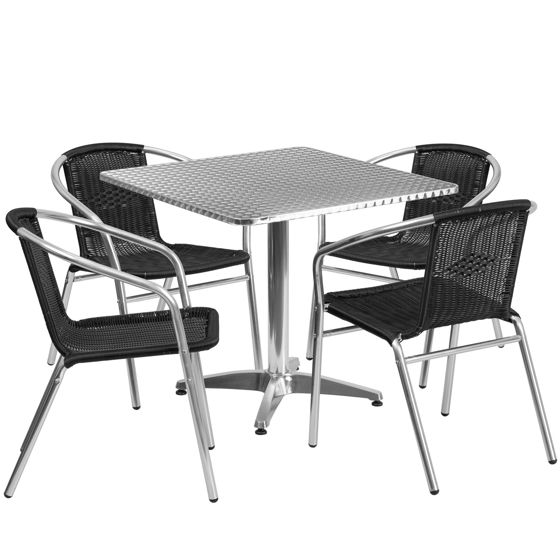Lila 31.5'' Square Aluminum Indoor-Outdoor Table Set with 4 Black Rattan Chairs TLH-ALUM-32SQ-020BKCHR4-GG