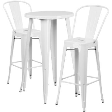 Commercial Grade 24" Round White Metal Indoor-Outdoor Bar Table Set with 2 Cafe Stools CH-51080BH-2-30CAFE-WH-GG Commercial Grade 24" Round White Metal Indoor-Outdoor Bar Table Set with 2 Cafe Stools CH-51080BH-2-30CAFE-WH-GG