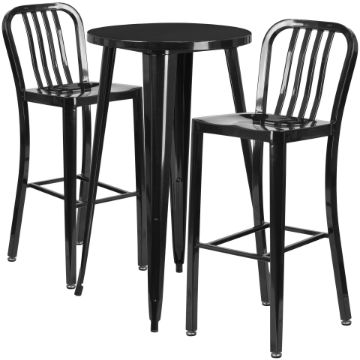 Commercial Grade 24" Round Black Metal Indoor-Outdoor Bar Table Set with 2 Vertical Slat Back Stools CH-51080BH-2-30VRT-BK-GG Commercial Grade 24" Round Black Metal Indoor-Outdoor Bar Table Set with 2 Vertical Slat Back Stools CH-51080BH-2-30VRT-BK-GG