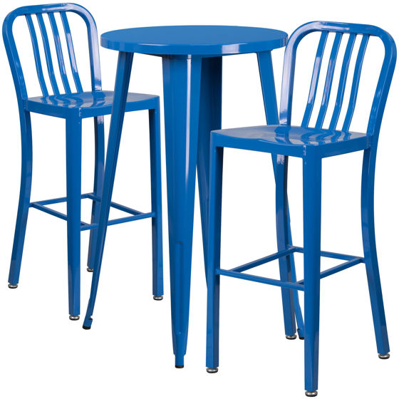 Commercial Grade 24" Round Blue Metal Indoor-Outdoor Bar Table Set with 2 Vertical Slat Back Stools CH-51080BH-2-30VRT-BL-GG
