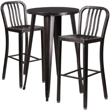 Commercial Grade 24" Round Black-Antique Gold Metal Indoor-Outdoor Bar Table Set with 2 Vertical Slat Back Stools CH-51080BH-2-30VRT-BQ-GG Commercial Grade 24" Round Black-Antique Gold Metal Indoor-Outdoor Bar Table Set with 2 Vertical Slat Back Stools CH-51080BH-2-30VRT-BQ-GG