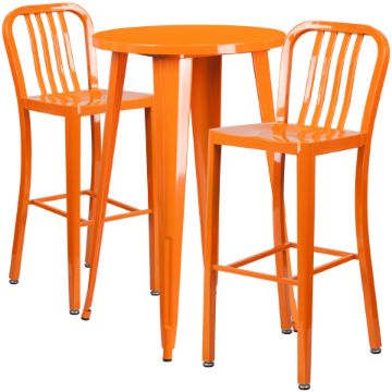 Commercial Grade 24" Round Orange Metal Indoor-Outdoor Bar Table Set with 2 Vertical Slat Back Stools CH-51080BH-2-30VRT-OR-GG Commercial Grade 24" Round Orange Metal Indoor-Outdoor Bar Table Set with 2 Vertical Slat Back Stools CH-51080BH-2-30VRT-OR-GG