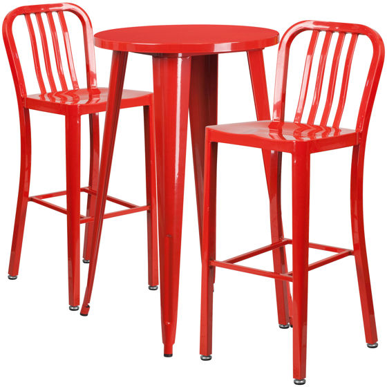 Commercial Grade 24" Round Red Metal Indoor-Outdoor Bar Table Set with 2 Vertical Slat Back Stools CH-51080BH-2-30VRT-RED-GG