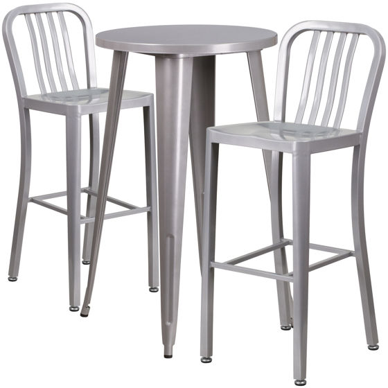 Commercial Grade 24" Round Silver Metal Indoor-Outdoor Bar Table Set with 2 Vertical Slat Back Stools CH-51080BH-2-30VRT-SIL-GG