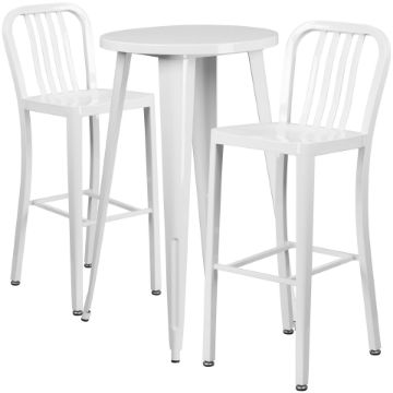 Commercial Grade 24" Round White Metal Indoor-Outdoor Bar Table Set with 2 Vertical Slat Back Stools CH-51080BH-2-30VRT-WH-GG Commercial Grade 24" Round White Metal Indoor-Outdoor Bar Table Set with 2 Vertical Slat Back Stools CH-51080BH-2-30VRT-WH-GG