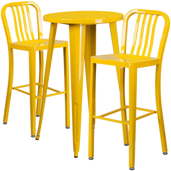 Commercial Grade 24" Round Yellow Metal Indoor-Outdoor Bar Table Set with 2 Vertical Slat Back Stools CH-51080BH-2-30VRT-YL-GG