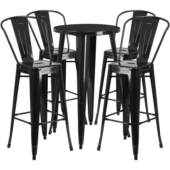 Commercial Grade 24" Round Black Metal Indoor-Outdoor Bar Table Set with 4 Cafe Stools CH-51080BH-4-30CAFE-BK-GG