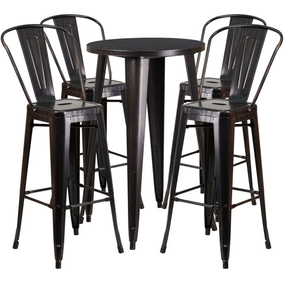 Commercial Grade 24" Round Black-Antique Gold Metal Indoor-Outdoor Bar Table Set with 4 Cafe Stools CH-51080BH-4-30CAFE-BQ-GG