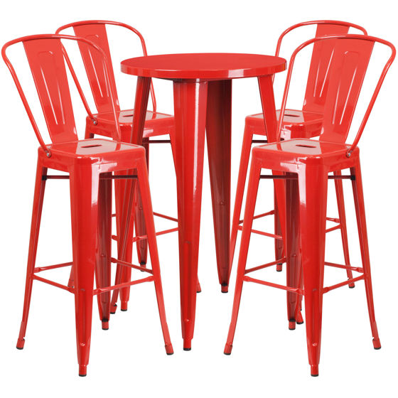 Commercial Grade 24" Round Red Metal Indoor-Outdoor Bar Table Set with 4 Cafe Stools CH-51080BH-4-30CAFE-RED-GG