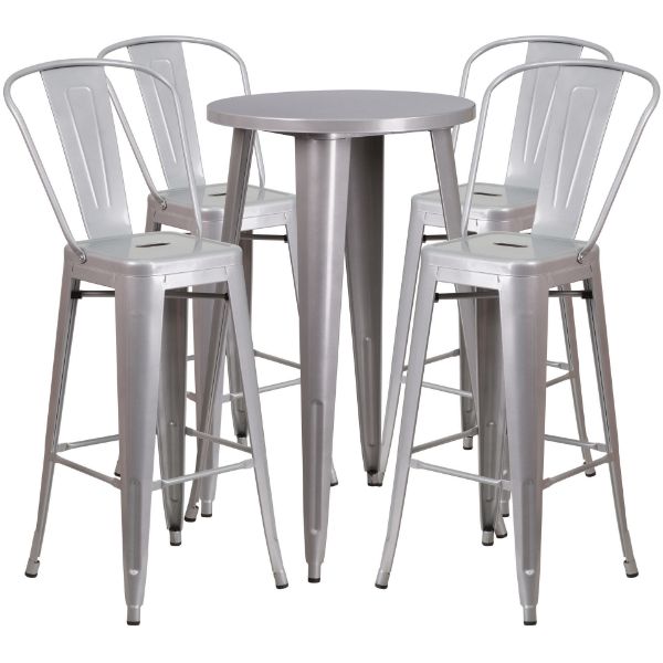 Commercial Grade 24" Round Silver Metal Indoor-Outdoor Bar Table Set with 4 Cafe Stools CH-51080BH-4-30CAFE-SIL-GG