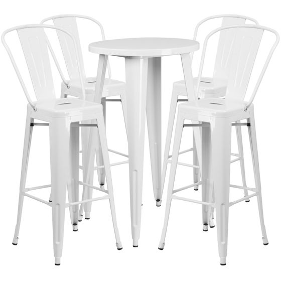 Commercial Grade 24" Round White Metal Indoor-Outdoor Bar Table Set with 4 Cafe Stools CH-51080BH-4-30CAFE-WH-GG