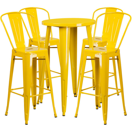 Commercial Grade 24" Round Yellow Metal Indoor-Outdoor Bar Table Set with 4 Cafe Stools CH-51080BH-4-30CAFE-YL-GG