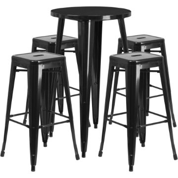 Commercial Grade 24" Round Black Metal Indoor-Outdoor Bar Table Set with 4 Square Seat Backless Stools CH-51080BH-4-30SQST-BK-GG Commercial Grade 24" Round Black Metal Indoor-Outdoor Bar Table Set with 4 Square Seat Backless Stools CH-51080BH-4-30SQST-BK-GG