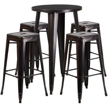 Commercial Grade 24" Round Black-Antique Gold Metal Indoor-Outdoor Bar Table Set with 4 Square Seat Backless Stools CH-51080BH-4-30SQST-BQ-GG Commercial Grade 24" Round Black-Antique Gold Metal Indoor-Outdoor Bar Table Set with 4 Square Seat Backless Stools CH-51080BH-4-30SQST-BQ-GG