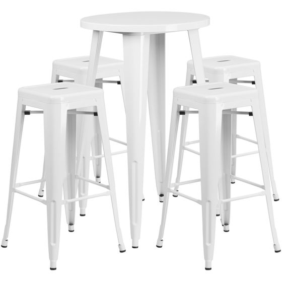 Commercial Grade 24" Round White Metal Indoor-Outdoor Bar Table Set with 4 Square Seat Backless Stools CH-51080BH-4-30SQST-WH-GG
