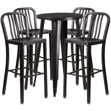 Commercial Grade 24" Round Black-Antique Gold Metal Indoor-Outdoor Bar Table Set with 4 Vertical Slat Back Stools CH-51080BH-4-30VRT-BQ-GG Commercial Grade 24" Round Black-Antique Gold Metal Indoor-Outdoor Bar Table Set with 4 Vertical Slat Back Stools CH-51080BH-4-30VRT-BQ-GG