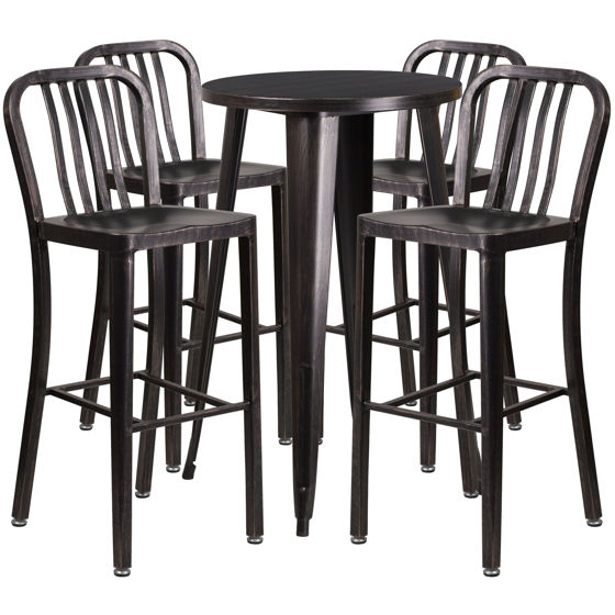 Commercial Grade 24" Round Black-Antique Gold Metal Indoor-Outdoor Bar Table Set with 4 Vertical Slat Back Stools CH-51080BH-4-30VRT-BQ-GG