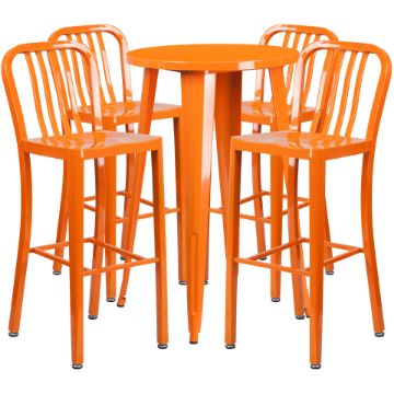 Commercial Grade 24" Round Orange Metal Indoor-Outdoor Bar Table Set with 4 Vertical Slat Back Stools CH-51080BH-4-30VRT-OR-GG Commercial Grade 24" Round Orange Metal Indoor-Outdoor Bar Table Set with 4 Vertical Slat Back Stools CH-51080BH-4-30VRT-OR-GG