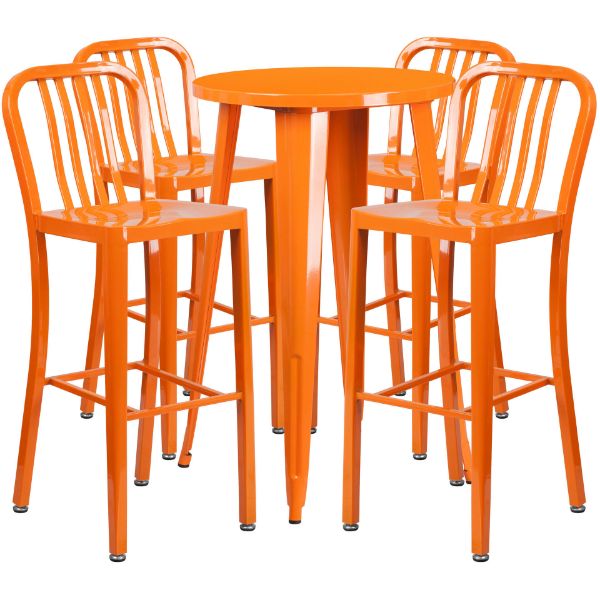 Commercial Grade 24" Round Orange Metal Indoor-Outdoor Bar Table Set with 4 Vertical Slat Back Stools CH-51080BH-4-30VRT-OR-GG