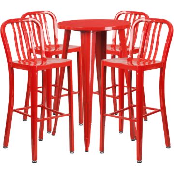 Commercial Grade 24" Round Red Metal Indoor-Outdoor Bar Table Set with 4 Vertical Slat Back Stools CH-51080BH-4-30VRT-RED-GG Commercial Grade 24" Round Red Metal Indoor-Outdoor Bar Table Set with 4 Vertical Slat Back Stools CH-51080BH-4-30VRT-RED-GG