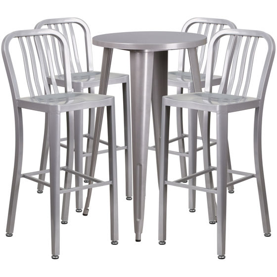 Commercial Grade 24" Round Silver Metal Indoor-Outdoor Bar Table Set with 4 Vertical Slat Back Stools CH-51080BH-4-30VRT-SIL-GG