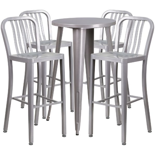 Commercial Grade 24" Round Silver Metal Indoor-Outdoor Bar Table Set with 4 Vertical Slat Back Stools CH-51080BH-4-30VRT-SIL-GG