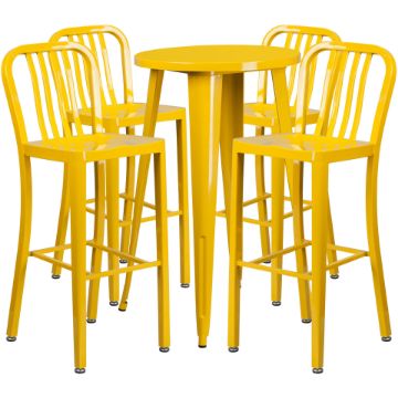 Commercial Grade 24" Round Yellow Metal Indoor-Outdoor Bar Table Set with 4 Vertical Slat Back Stools CH-51080BH-4-30VRT-YL-GG Commercial Grade 24" Round Yellow Metal Indoor-Outdoor Bar Table Set with 4 Vertical Slat Back Stools CH-51080BH-4-30VRT-YL-GG