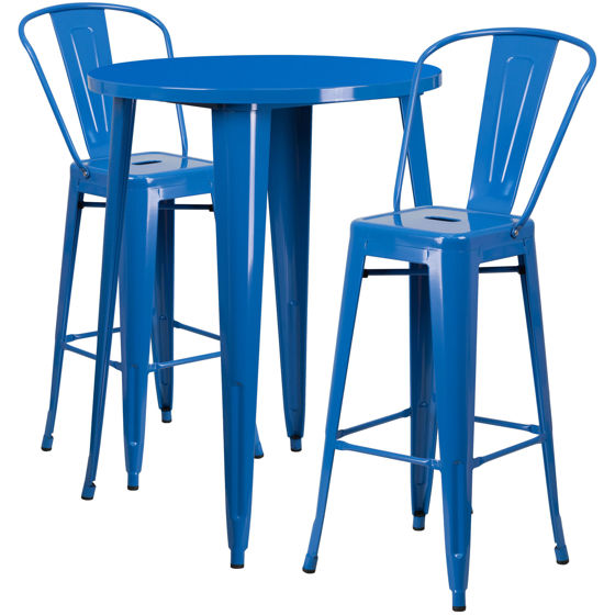 Commercial Grade 30" Round Blue Metal Indoor-Outdoor Bar Table Set with 2 Cafe Stools CH-51090BH-2-30CAFE-BL-GG
