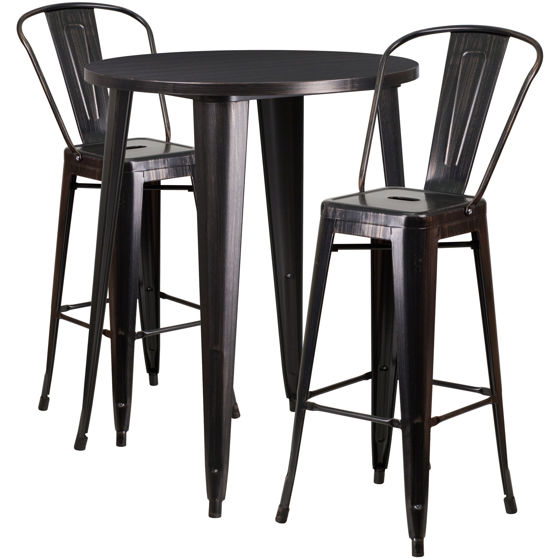 Commercial Grade 30" Round Black-Antique Gold Metal Indoor-Outdoor Bar Table Set with 2 Cafe Stools CH-51090BH-2-30CAFE-BQ-GG