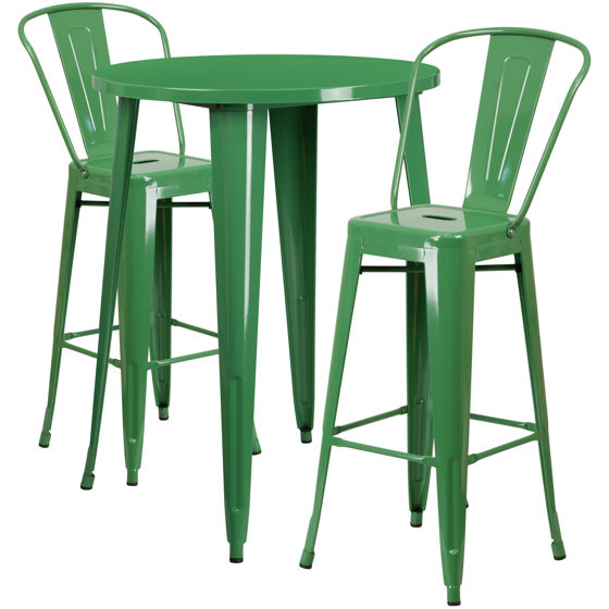 Commercial Grade 30" Round Green Metal Indoor-Outdoor Bar Table Set with 2 Cafe Stools CH-51090BH-2-30CAFE-GN-GG
