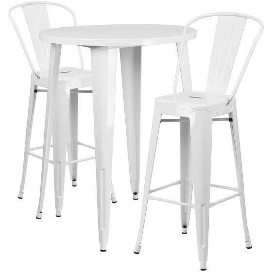 Commercial Grade 30" Round White Metal Indoor-Outdoor Bar Table Set with 2 Cafe Stools CH-51090BH-2-30CAFE-WH-GG