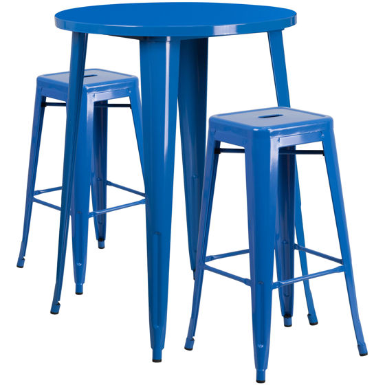 Commercial Grade 30" Round Blue Metal Indoor-Outdoor Bar Table Set with 2 Square Seat Backless Stools CH-51090BH-2-30SQST-BL-GG