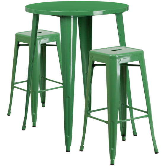 Commercial Grade 30" Round Green Metal Indoor-Outdoor Bar Table Set with 2 Square Seat Backless Stools CH-51090BH-2-30SQST-GN-GG