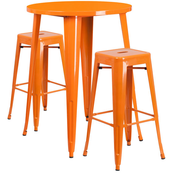 Commercial Grade 30" Round Orange Metal Indoor-Outdoor Bar Table Set with 2 Square Seat Backless Stools CH-51090BH-2-30SQST-OR-GG