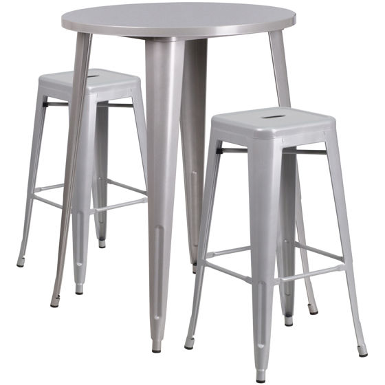 Commercial Grade 30" Round Silver Metal Indoor-Outdoor Bar Table Set with 2 Square Seat Backless Stools CH-51090BH-2-30SQST-SIL-GG