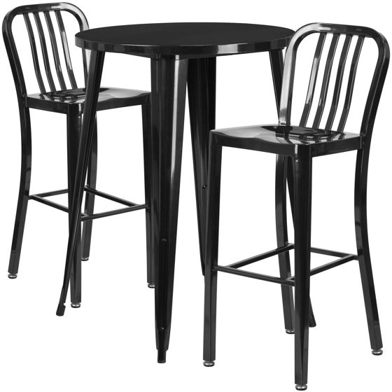 Commercial Grade 30" Round Black Metal Indoor-Outdoor Bar Table Set with 2 Vertical Slat Back Stools CH-51090BH-2-30VRT-BK-GG