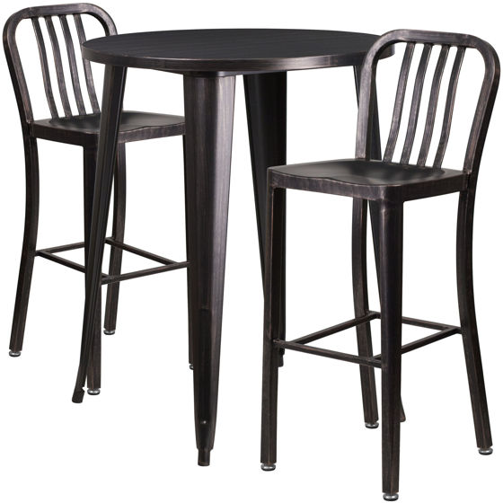 Commercial Grade 30" Round Black-Antique Gold Metal Indoor-Outdoor Bar Table Set with 2 Vertical Slat Back Stools CH-51090BH-2-30VRT-BQ-GG