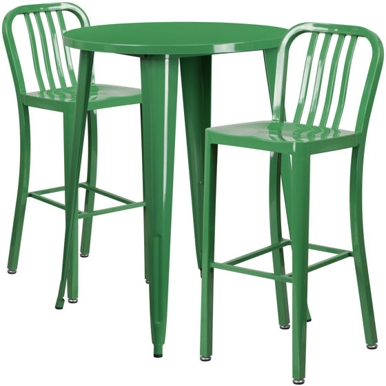 Commercial Grade 30" Round Green Metal Indoor-Outdoor Bar Table Set with 2 Vertical Slat Back Stools CH-51090BH-2-30VRT-GN-GG