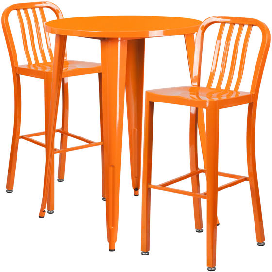 Commercial Grade 30" Round Orange Metal Indoor-Outdoor Bar Table Set with 2 Vertical Slat Back Stools CH-51090BH-2-30VRT-OR-GG