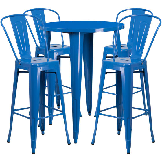 Commercial Grade 30" Round Blue Metal Indoor-Outdoor Bar Table Set with 4 Cafe Stools CH-51090BH-4-30CAFE-BL-GG