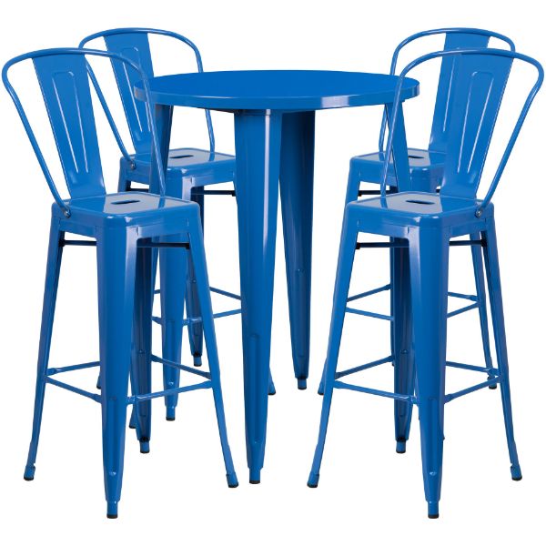 Commercial Grade 30" Round Blue Metal Indoor-Outdoor Bar Table Set with 4 Cafe Stools CH-51090BH-4-30CAFE-BL-GG